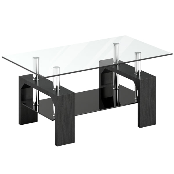 Tavolino da Caffè Moderno a 2 Livelli 90x50x42 cm con Piano in Vetro Temperato in Legno e Acciaio Nero online