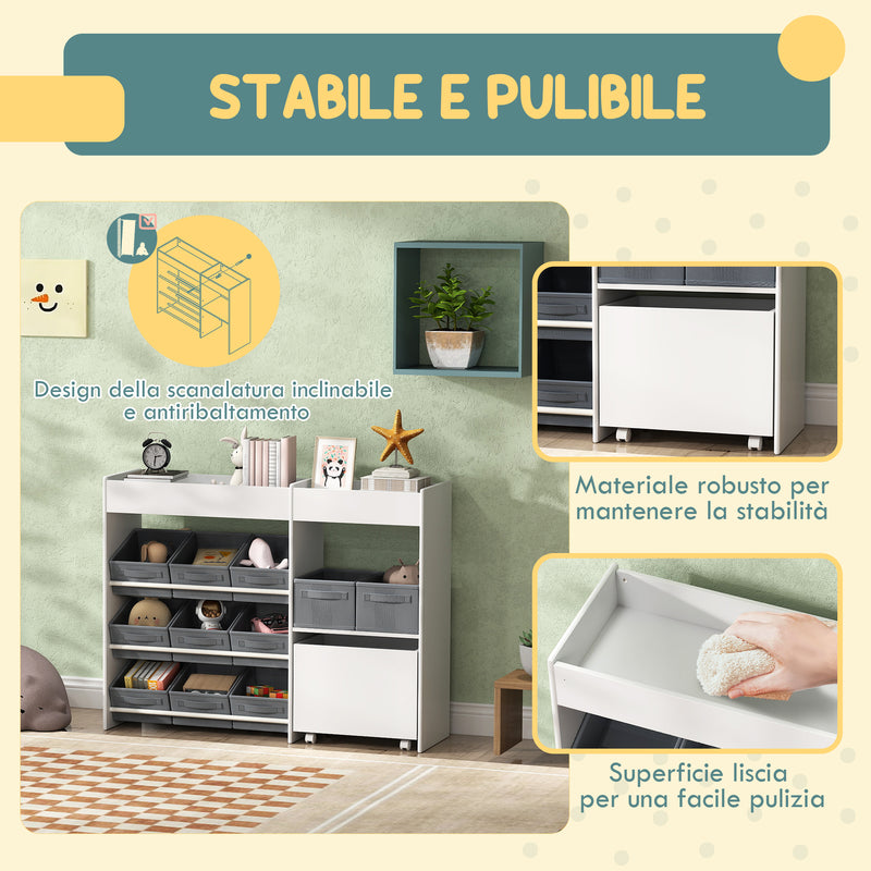 Mobile Portagiochi per Bambini 105x30x80 cm con 11 Cestini in Tessuto Armadietto e Ripiani in MDF Bianco      