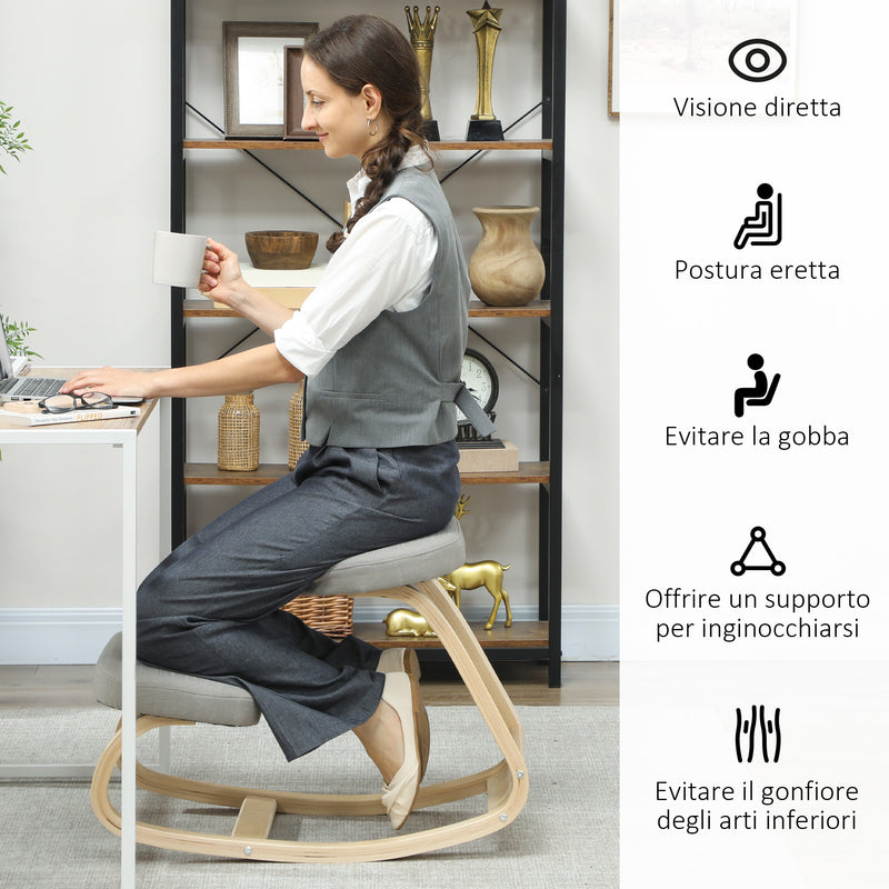 Sedia Ergonomica con Inginocchiatoio 50x73x55 cm Movimento a Dondolo in Legno di Betulla Grigio 