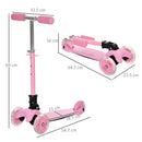 Monopattino Pieghevole 3 Ruote per Bambini 54,7x32,5x59-69 cm in Metallo e Alluminio Rosa