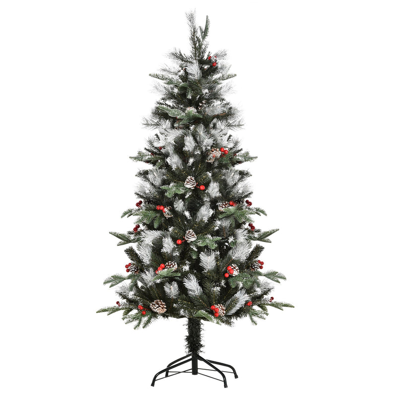 Albero di Natale Artificiale Innevato 150 cm 440 Rami con Bacche Rosse e Pigne Verde