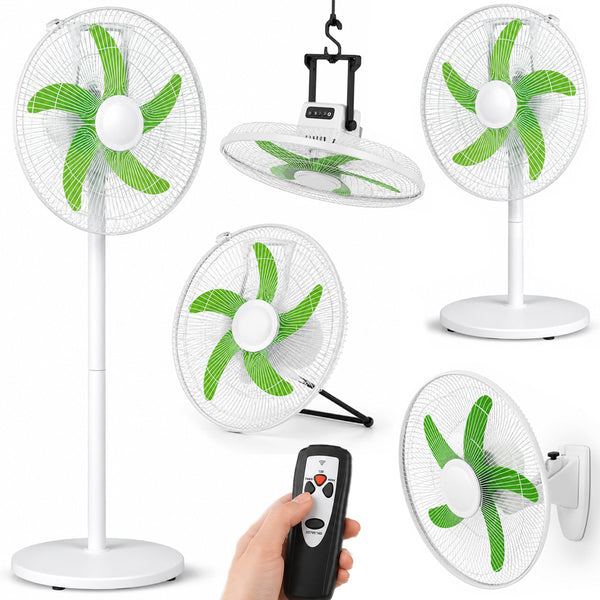 Ventilatore Ricaricabile 5 in 1 Installazione Parete Appoggio Piantana Soffitto con Telecomando Bianco e Verde sconto