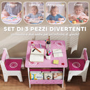 Set Tavolo con 2 Sedie per Bambini 3-8 Anni Tavolino con Scaffale in Legno MDF con Disegni a Cuori Rosa      