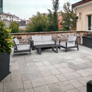 Set Salotto da Giardino Divano 2 Poltrone e Tavolino con cuscini in alluminio grigio