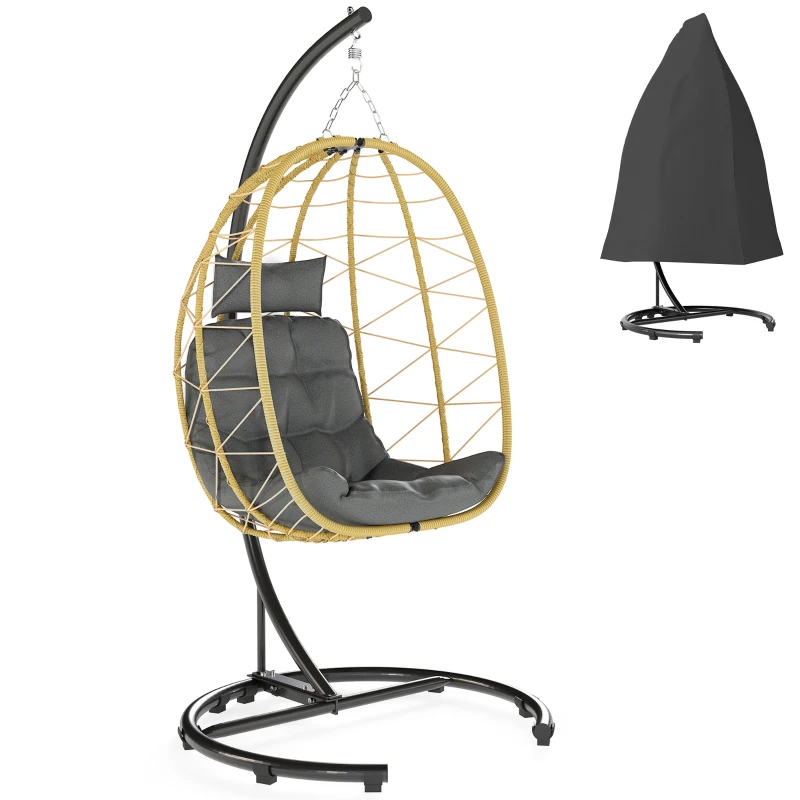 Dondolo Pensile da Giardino Pieghevole con Cuscini 102x102x195 cm in Acciaio e Rattan PE Nera Grigia e Beige
