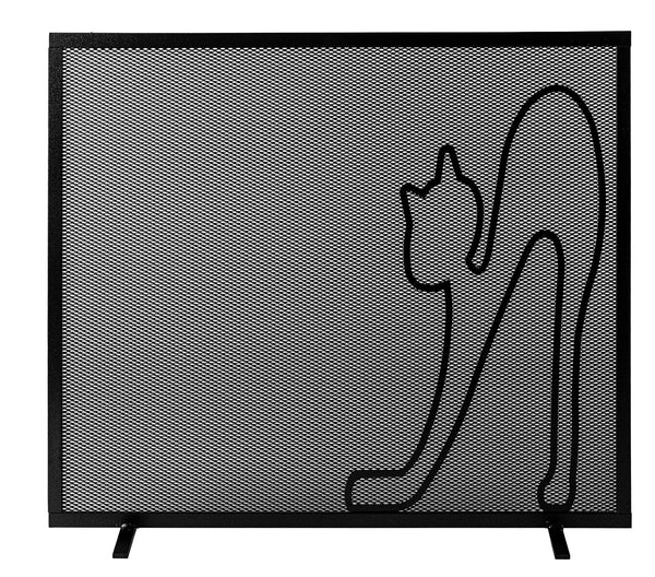 acquista Parascintille per Camino a 1 Anta Design Gatto 60x50 cm in Ferro Verniciato Grigio Martellato