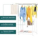 Appendiabiti Estensibile con 2 Ripiani Ruote e Altezza Regolabile in Acciaio 88-157x50x95-160 cm Bianco