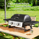Barbecue a Gas Portatile da Tavolo 2 Bruciatori e Coperchio con Termometro in Acciaio e ABS Nero    