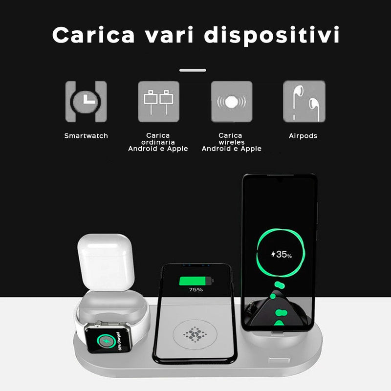 Stazione di Ricarica Wireless 6 in 1 Compatibile per  iPhone AirPods Apple Watch Bianco