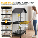 Gabbia per Uccelli Grande 94x70x158 cm con Ruote Vassoio Estraibile Posatoi Tetto in Acciaio e Legno Nero      
