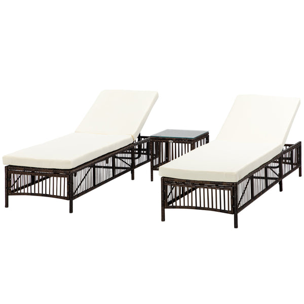 sconto Set 2 Lettini Prendisole con Cuscini Imbottiti e Tavolino in Rattan PE Marrone e Beige