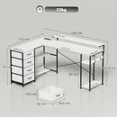 Scrivania Angolare 155x112x85,5-91,5 cm con Prese 4 Cassetti in Tessuto Rialzo Monitor e 2 Ganci Bianco e Nero      