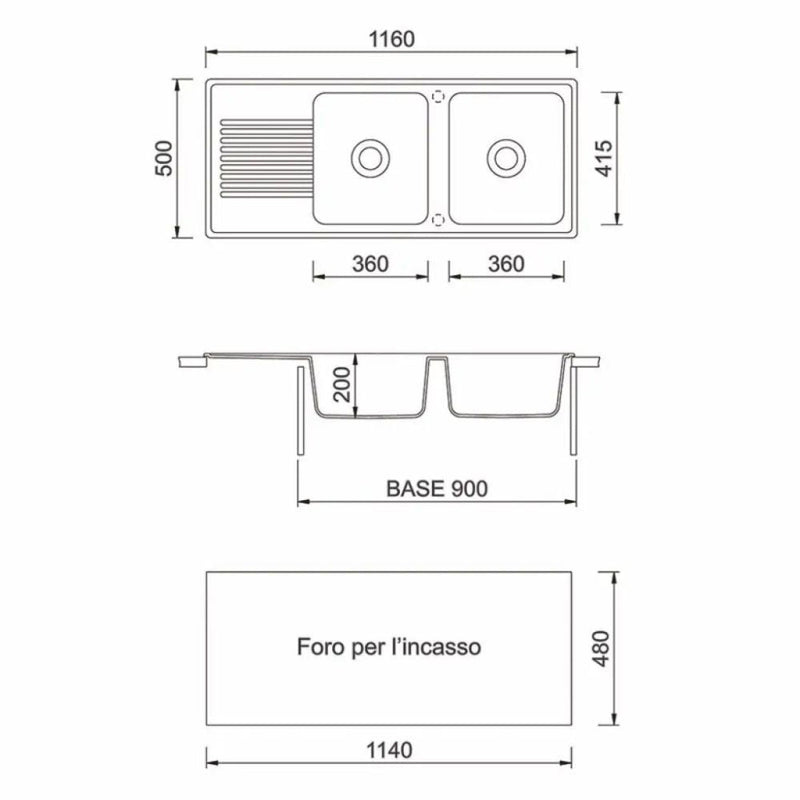 Lavello 116x50 cm 2 vasche gocciolatoio avena Samet