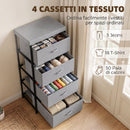 Cassettiera 42x32x80 cm con 4 Cassetti in Tessuto e Struttura in Acciaio Grigio e Nero      