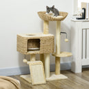 Albero Tiragraffi per Gatti con Casetta e Trespolo 60x40x98 cm in Legno e Poliestere Marrone e Beige 