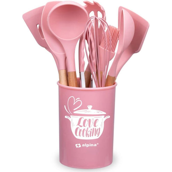 online Set 12 Utensili da Cucina con Supporto in Silicone e Manico Legno Rosa