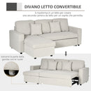 Divano Letto Angolare 225x140x88 cm con Seduta 2 Posti e Penisola Vano Contenitore e 2 Cuscini in Tessuto Crema      
