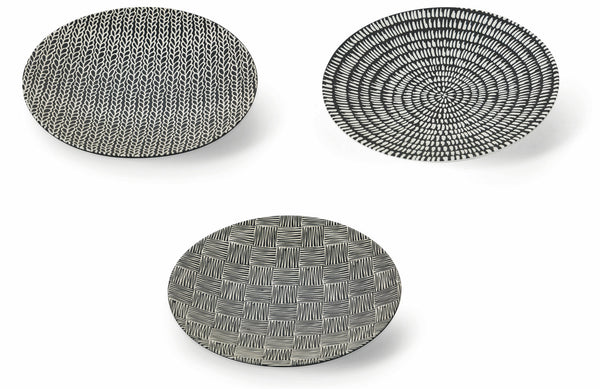 Lot de 6 assiettes plates en porcelaine, décor tribal en relief Ø28,5 cm VdE Tivoli 1996 Tombouctou acquista
