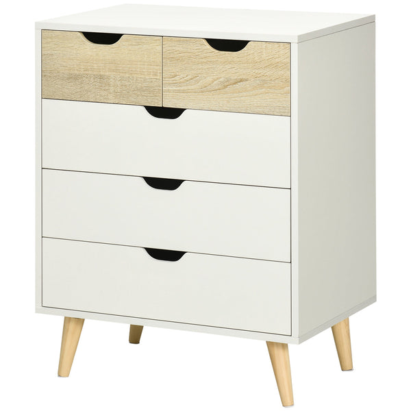 prezzo Cassettiera a 5 Cassetti per Camera da Letto con Maniglie Intagliate 60x40x77,5 cm in Legno Melaminico e Legno di Pino Bianco