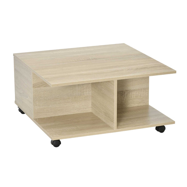 acquista Table Basse 2 Tiroirs 2 Etagères 70x70x35 cm avec Roulettes Bois