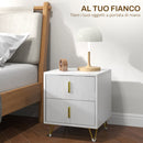 Comodino con 2 Cassetti 40x40x47 cm in Legno con Maniglie e Gambe in Metallo Bianco e Oro      