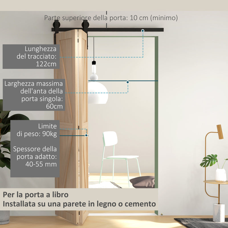 Kit Porta Scorrevole a Libro 122x0.5x4 cm con Binario e Cerniere in Acciaio al Carbonio Nero   