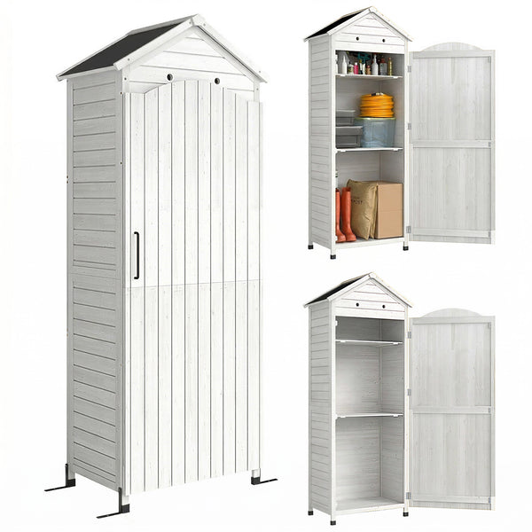 Casetta Box da Giardino 85x58x213 cm Ripostiglio con Scaffali Regolabili e Tetto Zincato in Legno Bianco acquista