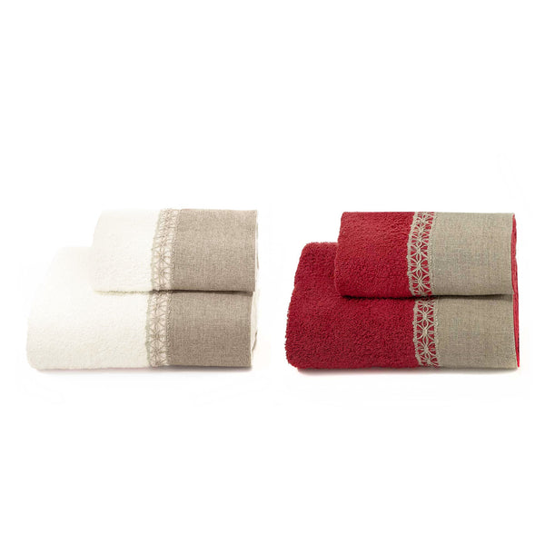 prezzo Ensemble éponge 4 pièces visage + serviettes invité avec volant et dentelle de lin Garrini Bryanna Bordeaux