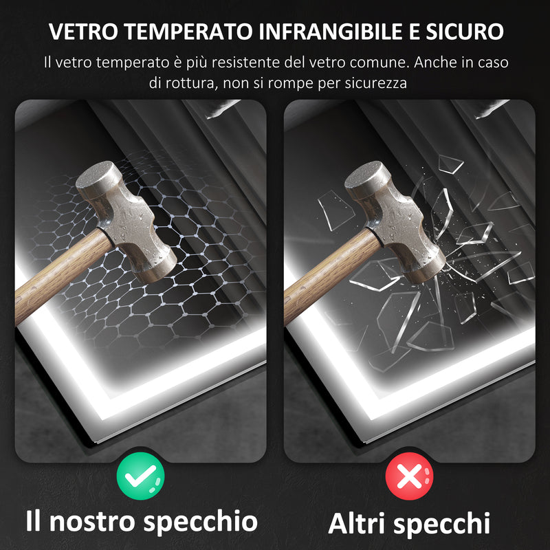 Specchio Bagno da Parete LED Antiappannamento 80x100 cm Speaker Bluetooth e Pulsanti Touch in Vetro Temperato  