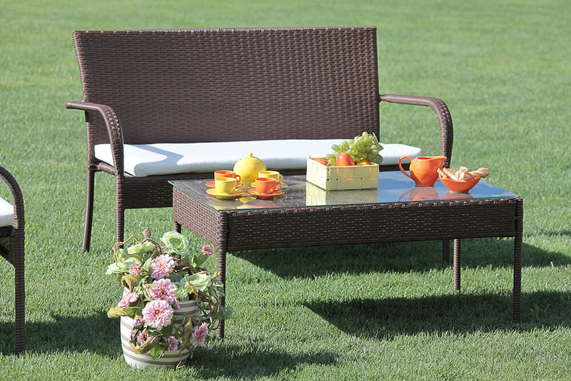 Set Salotto da Giardino Tavolino Divano 2 Sedie in Polyrattan con Cuscini Melbourne Bianco