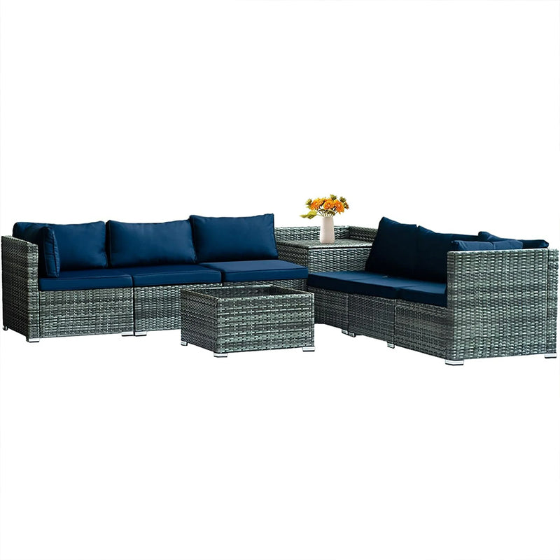 Set Salotto da Giardino per Patio 8 Pezzi Tavolo con Piano in Vetro in Polyrattan Blu      