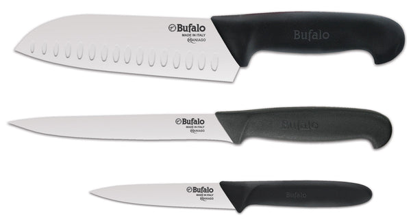 Ensemble de 3 couteaux pour hacher, fileter et éplucher Buffalo Chef Kit manche noir sconto