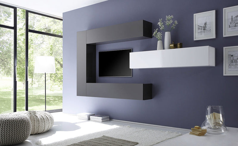 Parete Attrezzata Mobili Soggiorno 4 Mobili Sospesi in Melamina 28,7x31x139cm TFT Cube Bianco e Grigio