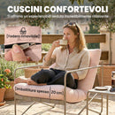 Set da Giardino 4 Persone Divano 2 Poltrone Tavolo in Metallo e Cuscini in Cotone PP Rosa      