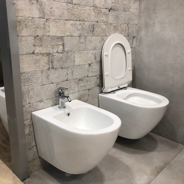 Paire de Sanitaires WC et Bidet Suspendus en Céramique 48,5x36,5x36,5 cm Sans Monture Rond Blanc prezzo