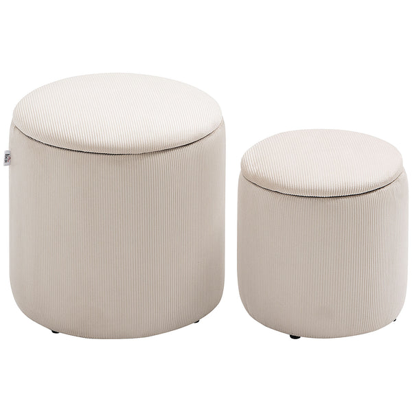 Set di 2 Pouf Contenitore Salvaspazio Rotondi e Imbottiti in Velluto a Coste Bianco acquista