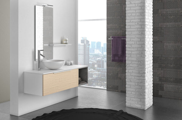 sconto Meuble Salle de Bain Suspendu 135 cm Lavabo Miroir Lampe LED et Étagère Droite TFT Mactan Chêne Blanc et Gris