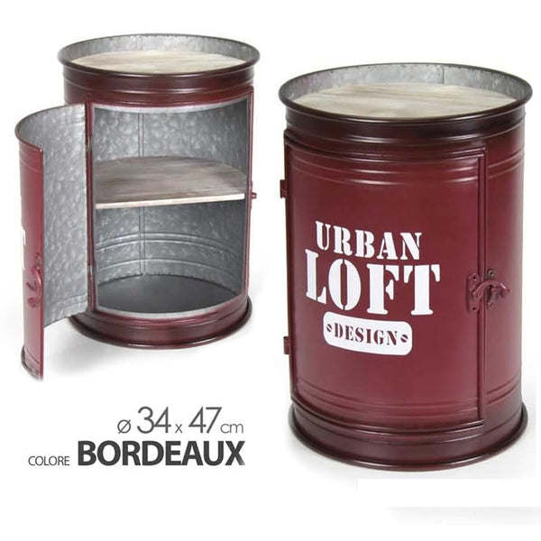 sconto Tavolino Contenitore Bidone Tondo Struttura Metallo Bordeaux e Ripiani in Legno