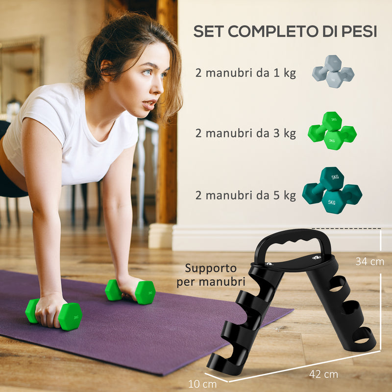 Set 6 Pesi Manubri con Supporto Coppie da 1-3-5 Kg in Metallo Verde e Nero   
