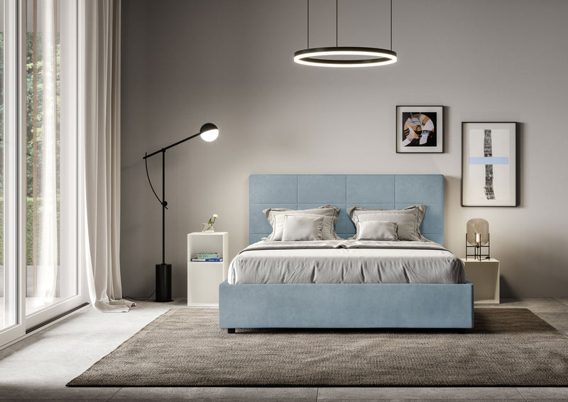 Letto Matrimoniale con Alzata Comoda Imbottito in Microfibra Mika Azzurro Varie Misure
