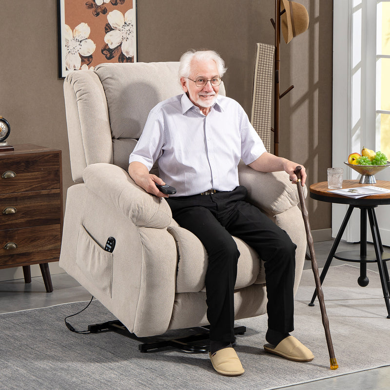 Poltrona Alzapersona Massaggiante e Reclinabile 93x104x105 cm con Telecomando in Tessuto Effetto Velluto Beige  