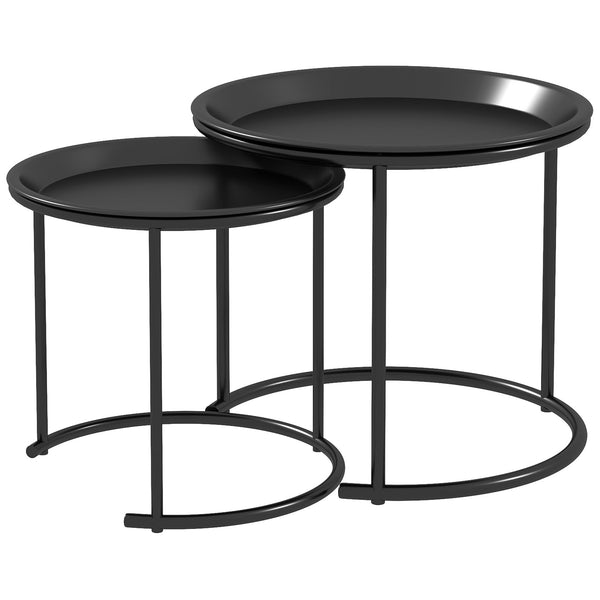 sconto Set 2 Tavolini da Salotto Rotondi Sovrapponibili con Vassoio rimuovibile Nero