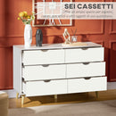 Cassettiera 6 Cassetti con Maniglie Laminate 120x40x76 cm in Legno di Pino Bianca e color Legno