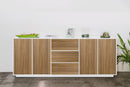 Credenza 4 Ante + 3 Cassetti 220,1x41,4x86 cm Bloom Bianco Lucido e Noce