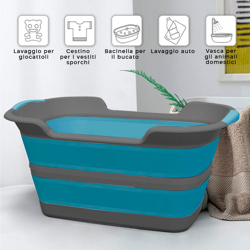 Cesto per Biancheria Richiudibile 27 Litri con Manici e Tappo in Silicone Blu