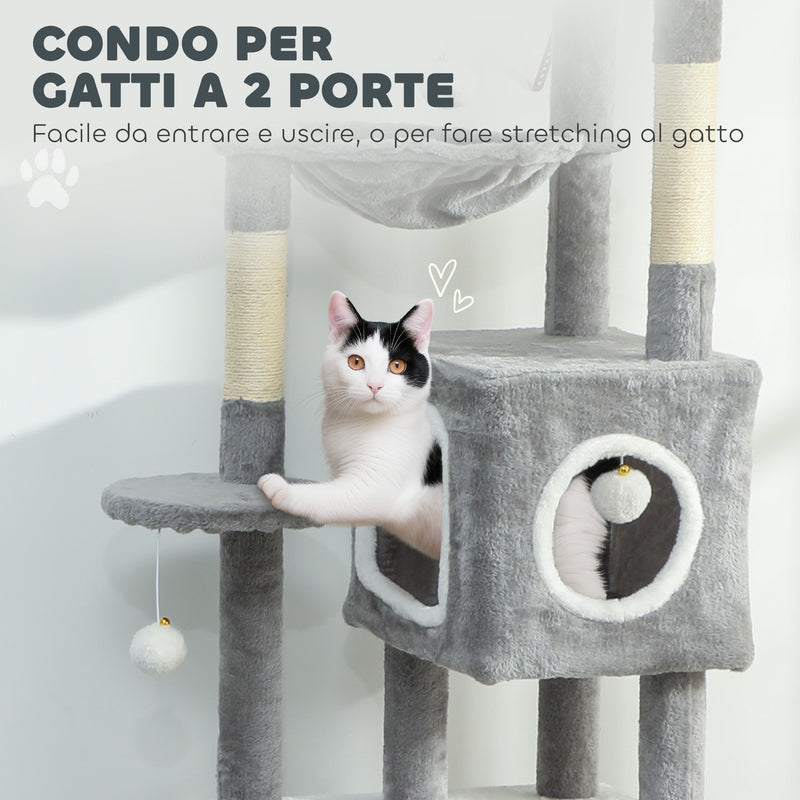 Albero Tiragraffi per Gatti 48x40x165 cm con 2 Casette Rampa Trespoli in Peluche e Sisal Grigio e Bianco      