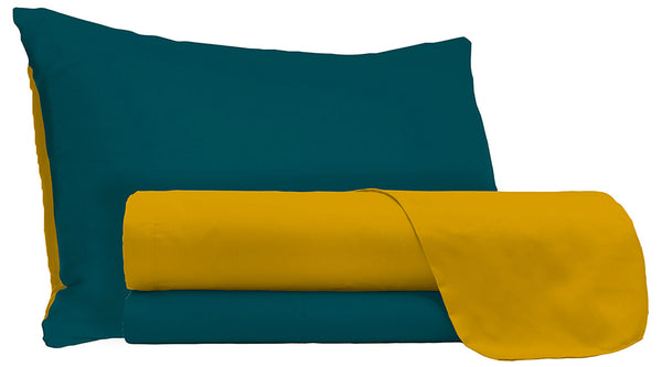 Parure de Draps et Taies d'Oreiller Double Face Ocre/Vert Pétrole sconto