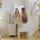 Toeletta da Trucco con Specchio Tavolocon Sgabello 4 Cassetti e 4 Ripiani in Legno e Vetro Bianco      