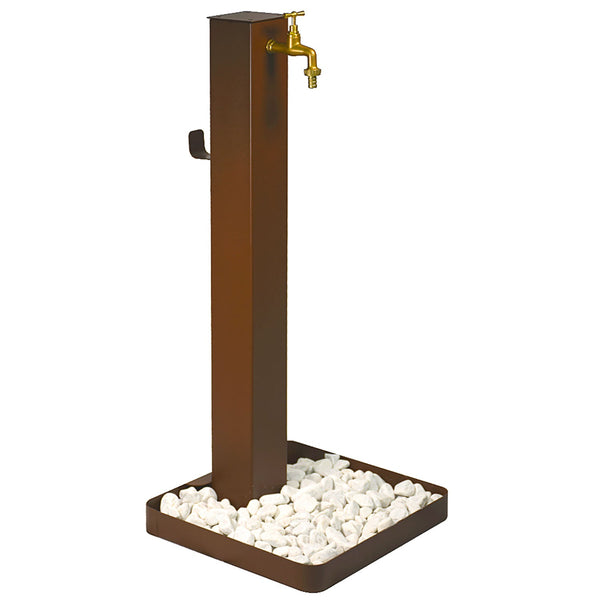 online Fontana da Giardino Design a Colonna Quadrata Rubinetto in Ottone e Base con Ciottoli Corten