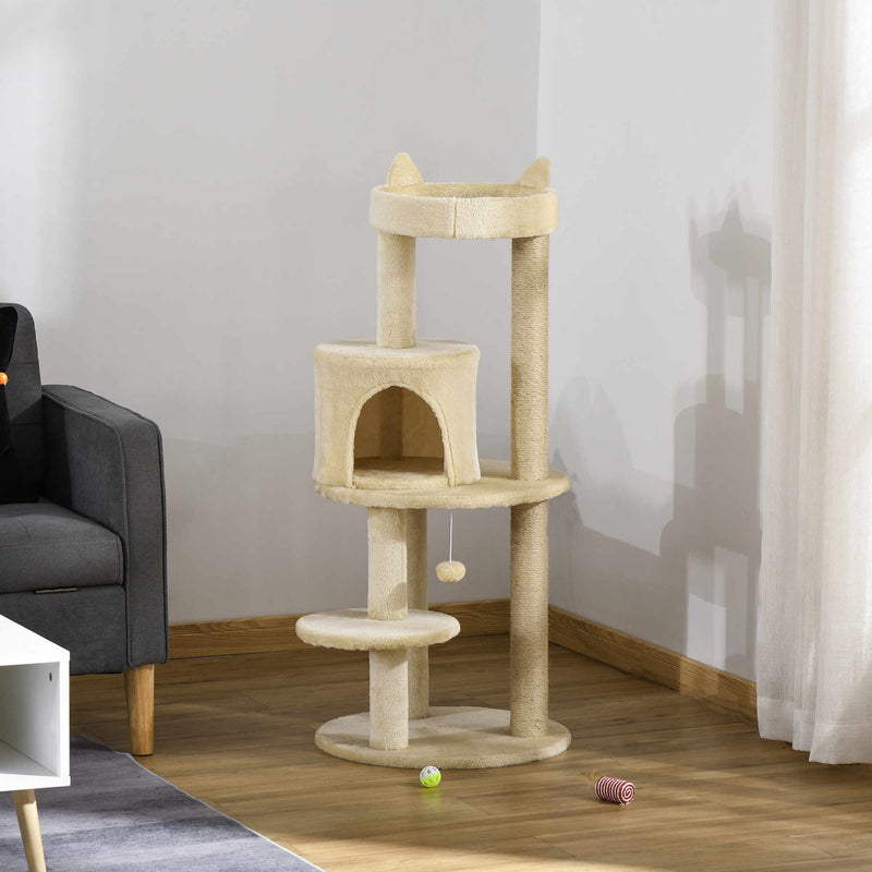Albero Tiragraffi per Gatti con Cuccia e Piattaforma 104H cm Rivestimento in Sisal e Peluche Bianco Crema      